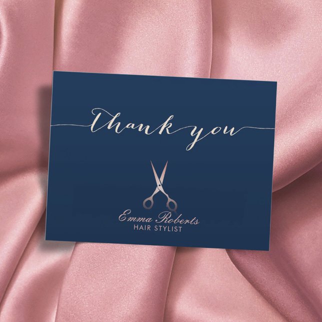 Hair Stylist Rose Gold Scissor Navy Blue Thank You Postcard (Creator Uploaded)