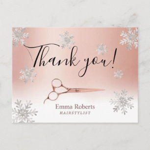 Hair Stylist Rose Gold Winter Snowflakes Thank You Postcard