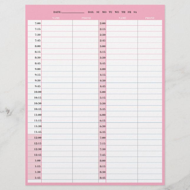 Hair stylist salon 1-day appointment book pages (Front)
