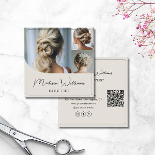 Hair Stylist Salon 3 Photos QR Code Square Business Card