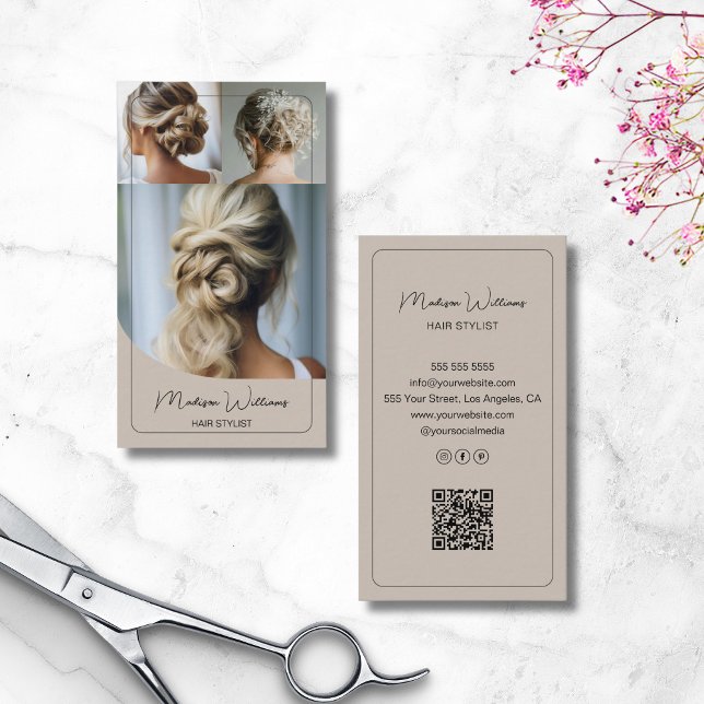 Hair Stylist Salon Custom 3 Photos QR Code Beige Business Card (Hair Stylist Salon Custom 3 Photos QR Code Beige Business Card)
