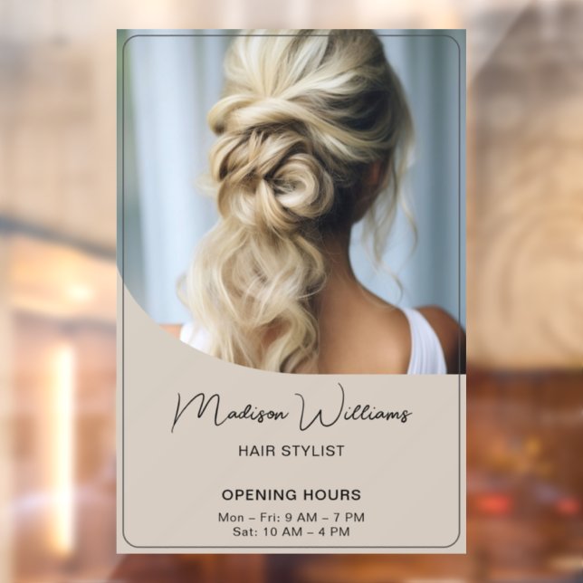 Hair Stylist Salon Opening Hours Beige Window Cling (Sheet 2)