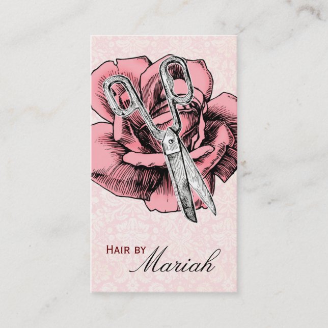 Hair Stylist Salon Rose Pink Damask Business Card (Front)