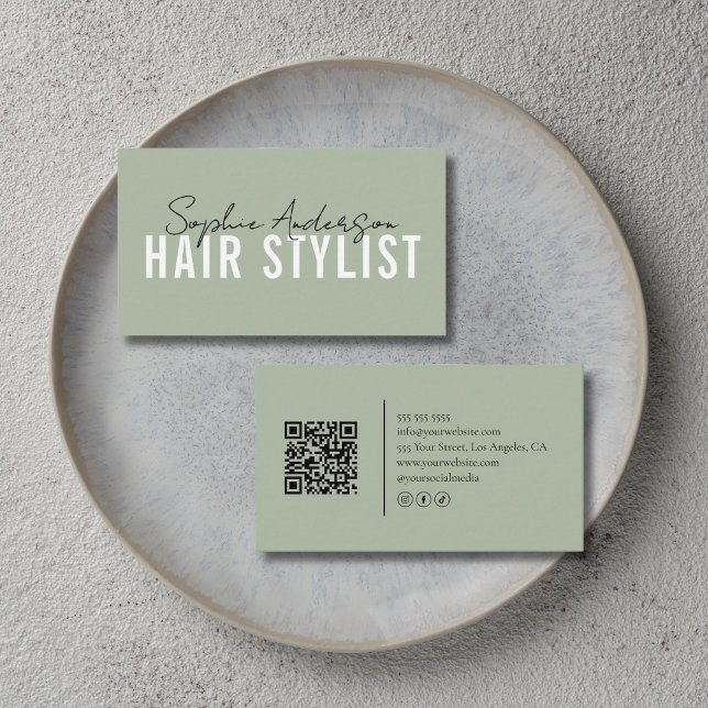 Hair Stylist Salon Sage Green QR Code Business Card (Hair Stylist Salon Sage Green QR Code Business Card)