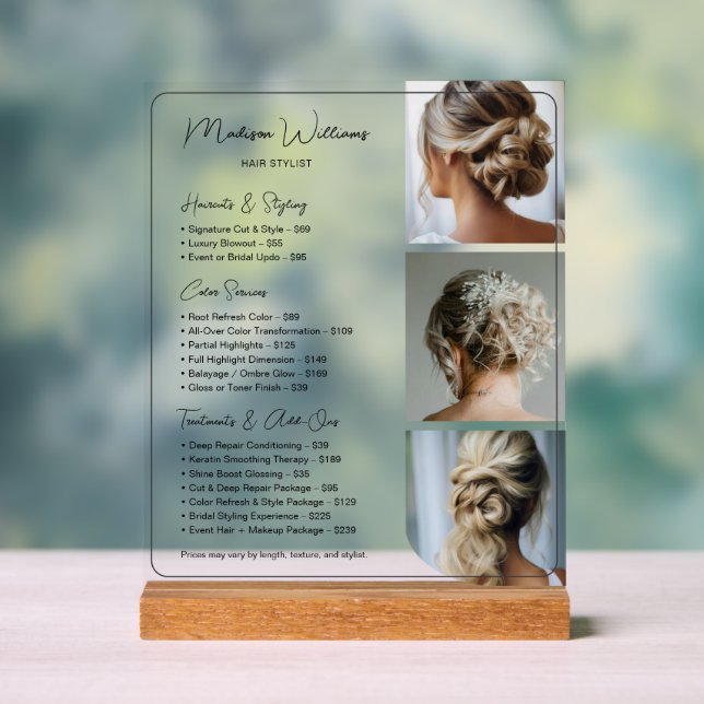 Hair Stylist Salon Services Price List Acrylic Sign (Neutral)