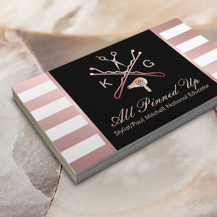 Hair Stylist Scissor & Hair Dryer Rose Gold Stripe Business Card