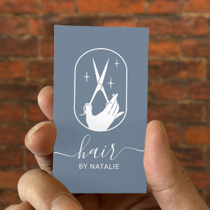 Hair Stylist Scissor & Hand Logo Dusty Blue Salon Business Card