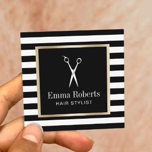 Hair Stylist Scissor Logo Modern Black Stripes Square Business Card