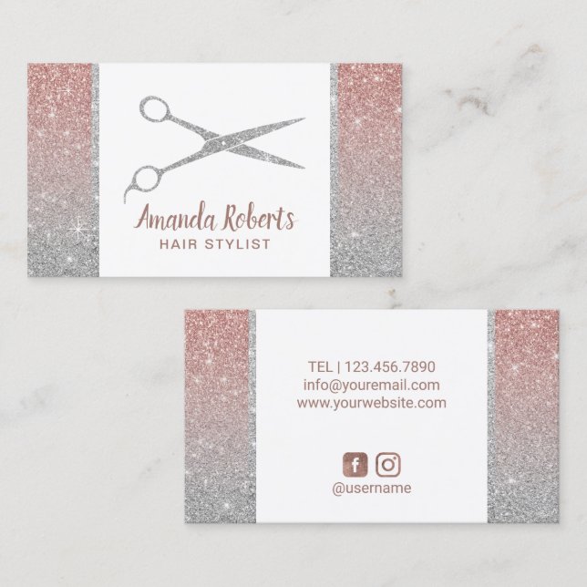 Hair Stylist Scissor Rose Gold & Silver Glitter Business Card (Front/Back)