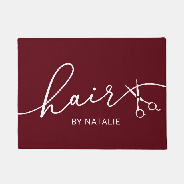 Hair Stylist Scissor Script Beauty Salon Red Doormat (Front)