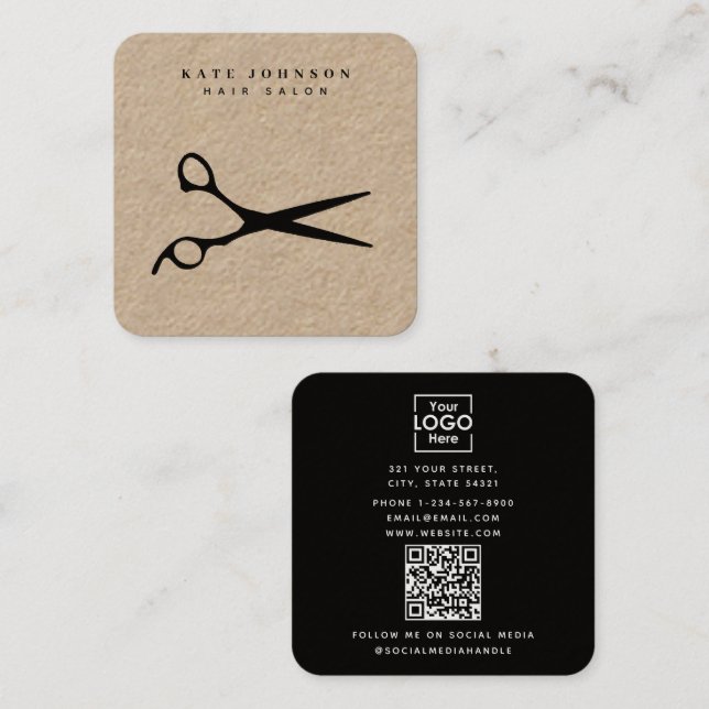 Hair Stylist Scissors Barber QR Code Business Logo Square Business Card (Front/Back)