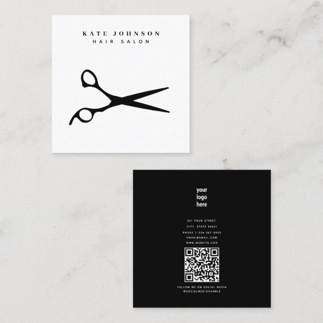 Hair Stylist Scissors Barber QR Code Business Logo Square Business Card (Front/Back)