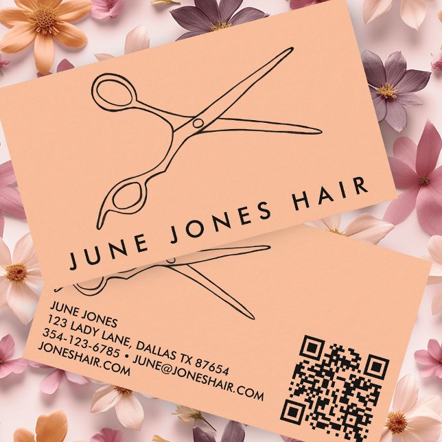 Hair Stylist Scissors Chic Barber QR Code Peach Business Card (Hair Stylist Scissors Minimalist Simple Chic Barber QR Code Peach Fuzz Custom Business Card
)