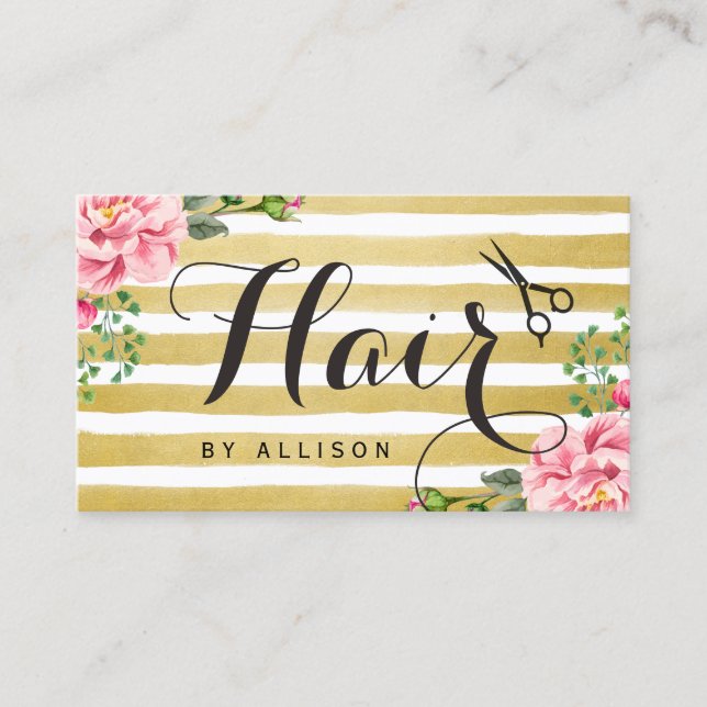 Hair Stylist Scissors Script Floral Gold Striped Business Card (Front)