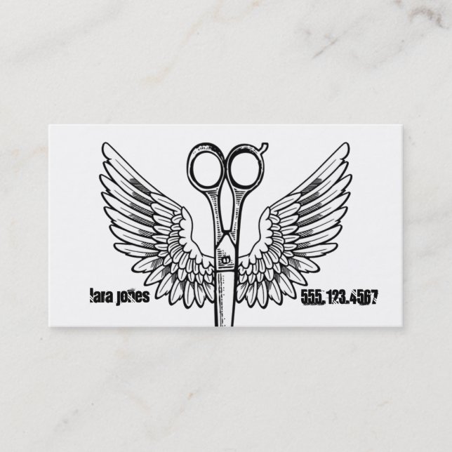 hair stylist scissors wings tattoo retro cosmo business card (Front)
