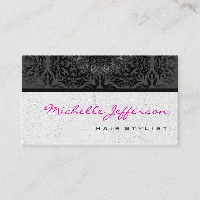 Hair Stylist Script Grey Pattern Business Card (Front)