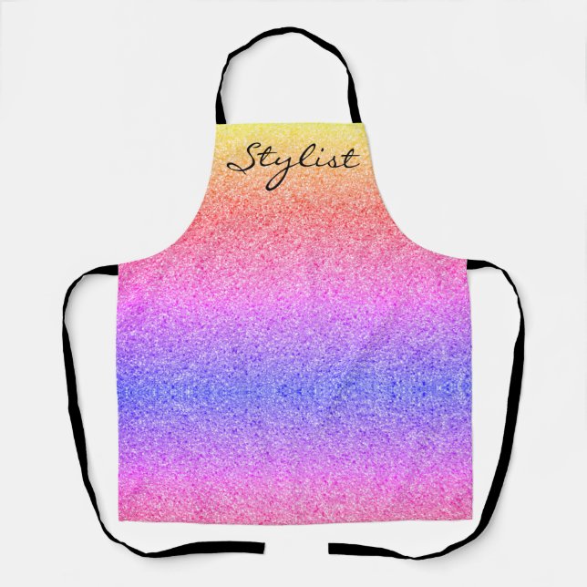 Hair Stylist Script Rainbow Faux Glitter Apron (Front)