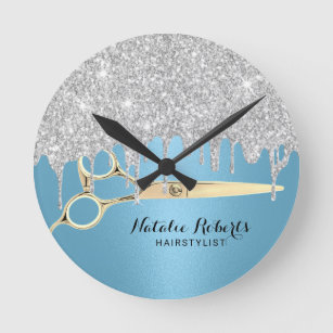 Hair Stylist Silver Glitter Drips Blue Salon Round Clock
