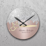 Hair Stylist Silver Glitter Drips Rose Gold Salon Round Clock<br><div class="desc">Hair Stylist Silver Glitter Drips Rose Gold Salon Clocks.</div>