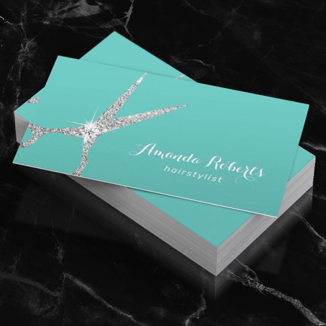 Hair Stylist Silver Glitter Scissor Salon Teal Business Card (Creator Uploaded)