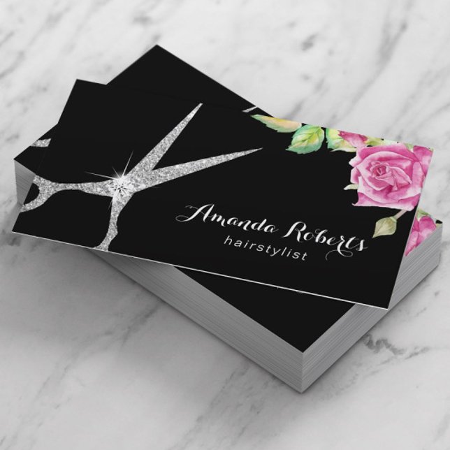 Hair Stylist Silver Scissor & Flower Elegant Salon Business Card (Creator Uploaded)