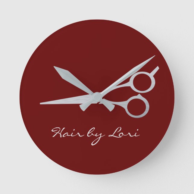 Hair Stylist Silver  Scissors Personalized Round Clock (Front)