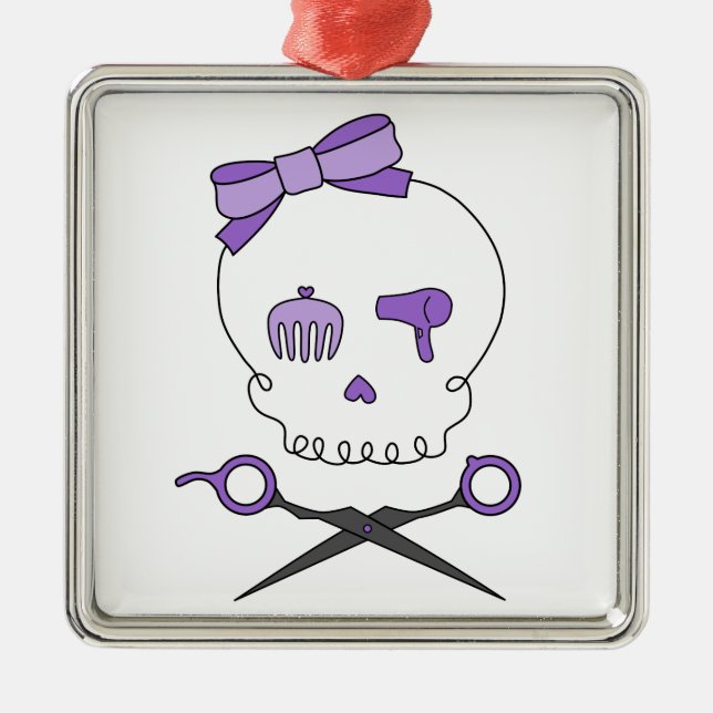Hair Stylist Skull & Scissor Crossbones - Purple Metal Ornament (Front)
