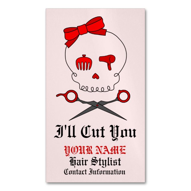 Hair Stylist Skull & Scissor Crossbones - Red 6 Magnetic Business Card (Front Vertical)