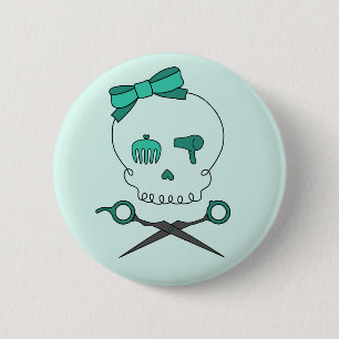 Hair Stylist Skull & Scissor Crossbones -Turquoise 2 Inch Round Button