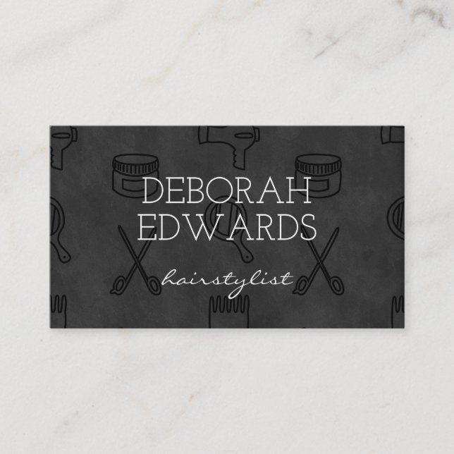 Hair Stylist Tools Chalkboard Background Business Card (Front)