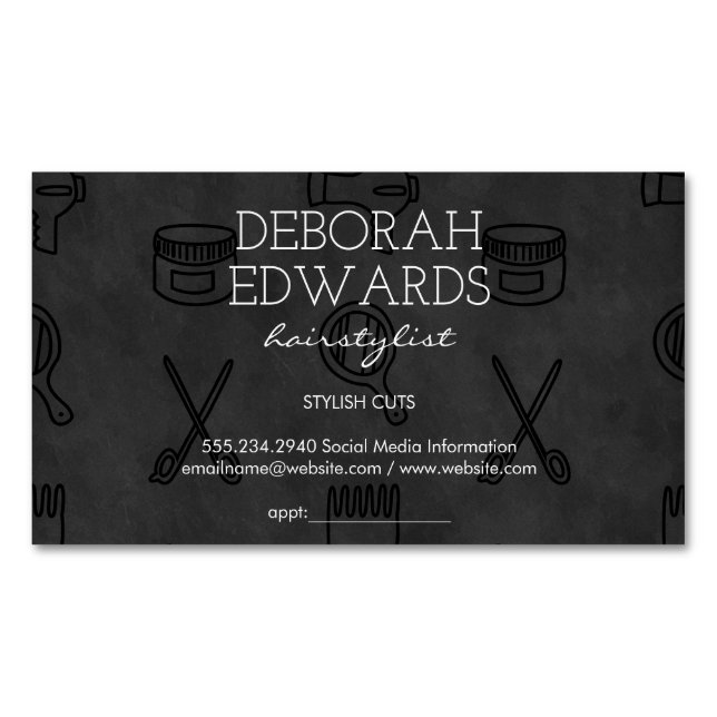 Hair Stylist Tools Chalkboard Background Magnetic Business Card (Front)