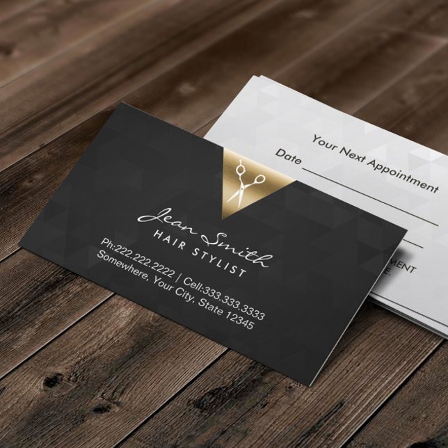 Hair Stylist Trendy Black & Gold Geometric Appointment Card (Creator Uploaded)