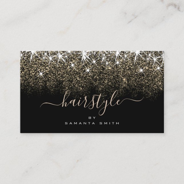 Hair Stylist Trendy Luminous Gold Glitter Stars Business Card (Front)