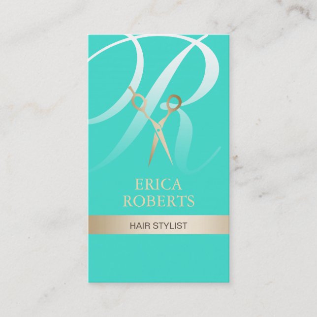 Hair Stylist Turquoise & Gold Monogram Appointment Card (Front)