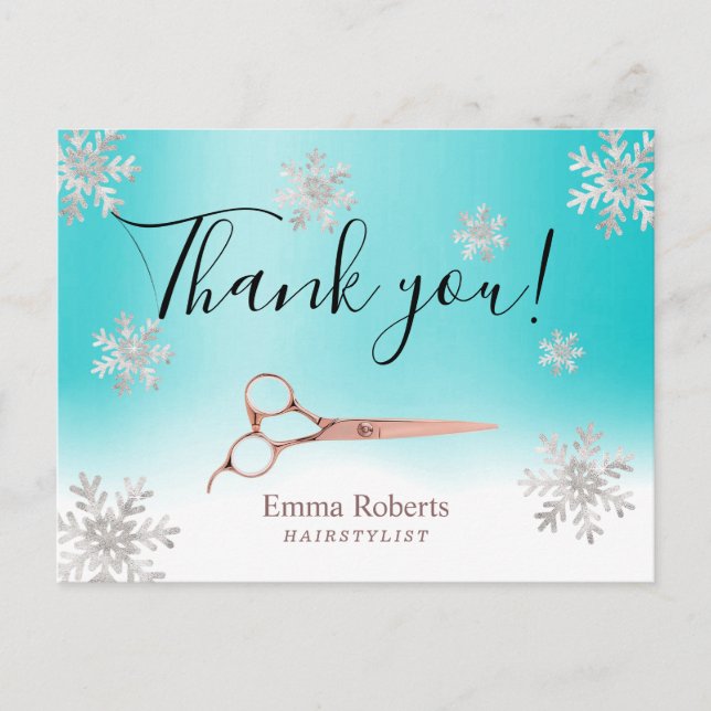 Hair Stylist Turquoise Winter Snowflakes Thank You Postcard (Front)