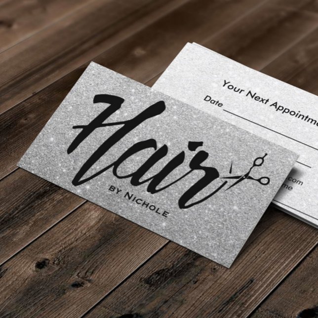 Hair Stylist Typography Silver Glitter Appointment Card (Creator Uploaded)
