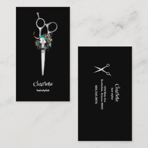 Hair Stylists Scissors Cow Skull Flowers Business Card