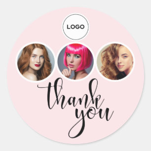 Hairdresser Blush Pink 3 Photo Logo Thank You Classic Round Sticker