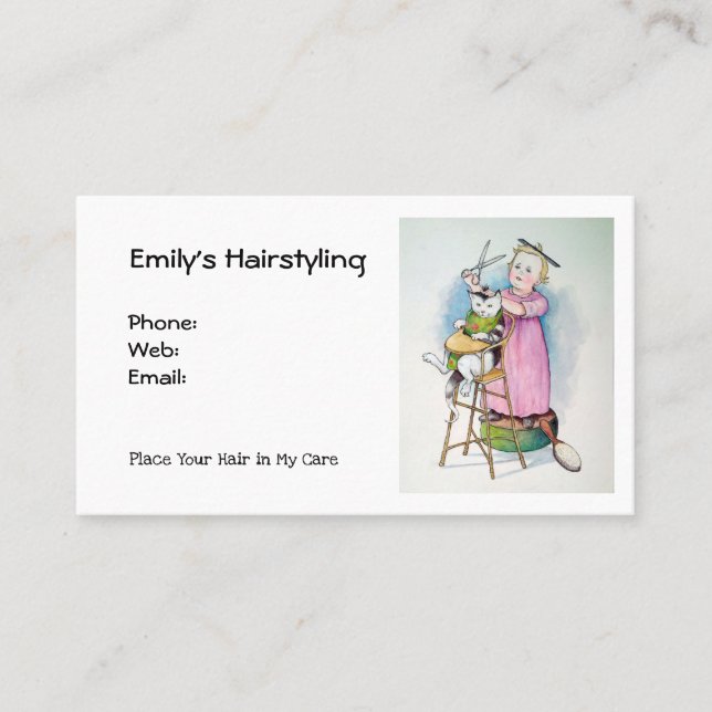 Hairdresser Business: Cute Child Cutting Cat Hair Business Card (Front)