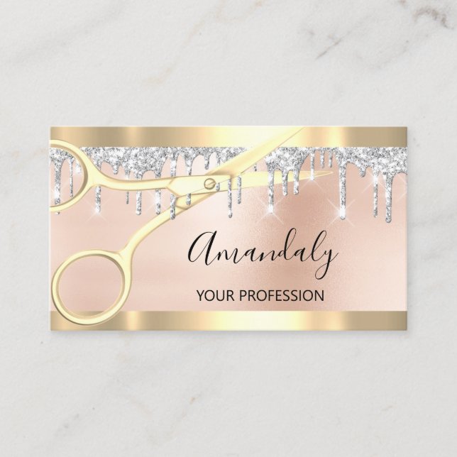 Hairdresser Coiffeur Gold Scissors Silver Drips Business Card (Front)