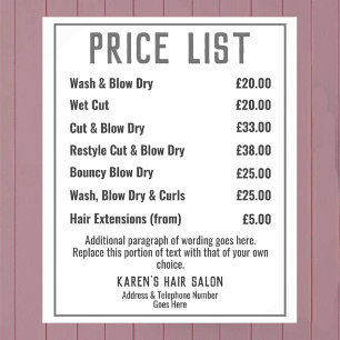 Hairdresser Hair Salon Price List Poster