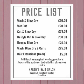 Hairdresser Hair Salon Price List Poster