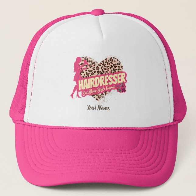 Hairdresser Leopard Hair Hustler Hairstylist Trucker Hat (Front)