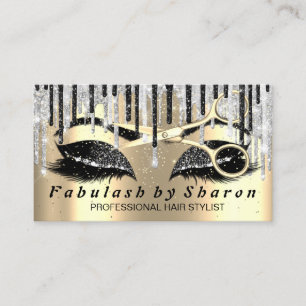 Hairdresser Makeup Eyelash Gold Scissors Grey Drip Business Card