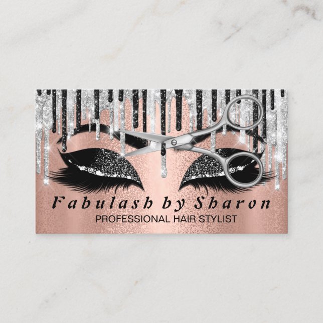 Hairdresser Makeup Eyelash Silver Scissors Rose Business Card (Front)