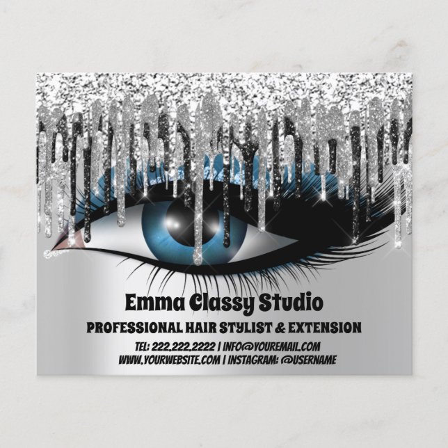 Hairdresser Nail Lashes Silver VIP Black Drips Flyer (Front)