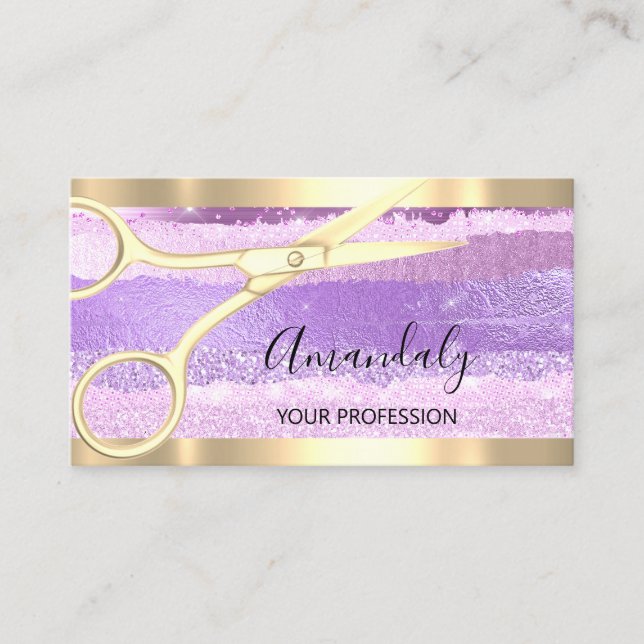 Hairdresser Stylist Coiffeur  Scissors Gold Purple Business Card (Front)