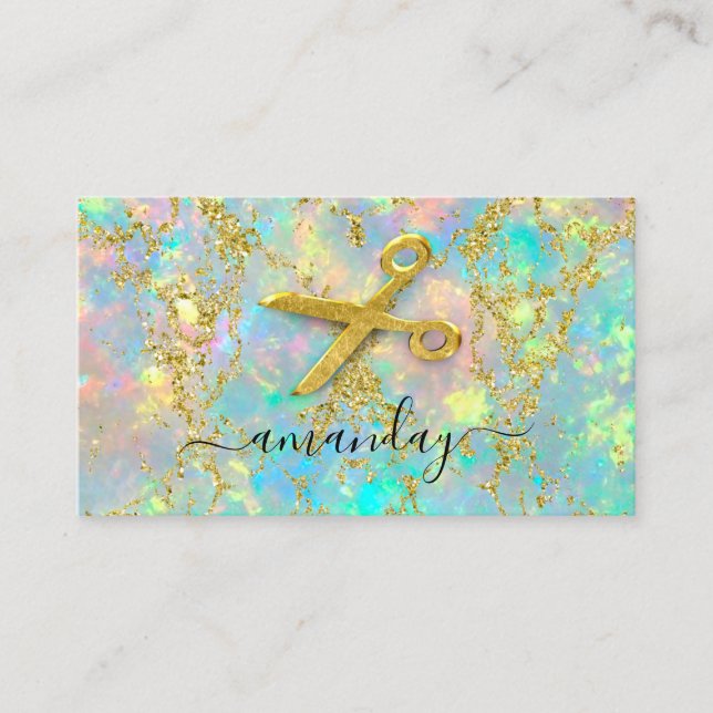 Hairdresser Stylist Gold Scissors Holograph Glitte Business Card (Front)
