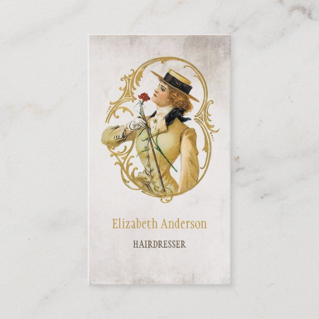 Hairdresser Vintage Gold Woman of Fashion Business Card (Front)