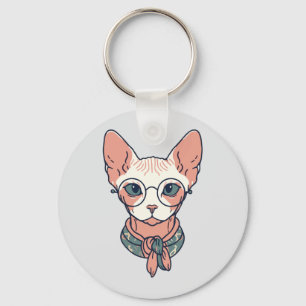 Hairless Sphynx Cat wearing glasses Keychain